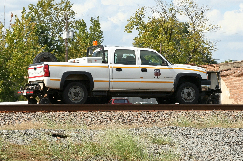 UP hirailer escorting the rail inspection vehicle